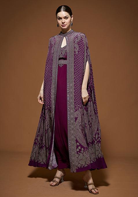 Wine Rhinestones Embroidered Bemberg Crepe Cape Set