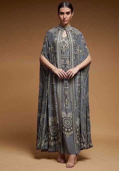 Grey Embroidered Bemberg Crepe Cape Set