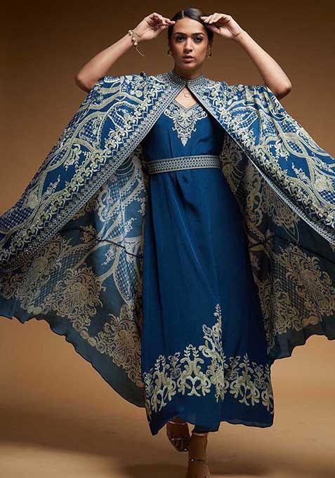 Blue Embroidered Bemberg Crepe Cape Set