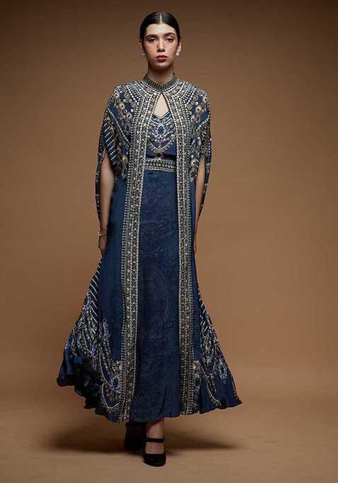 Blue Rhinestones Embroidered Bemberg Crepe Cape Set