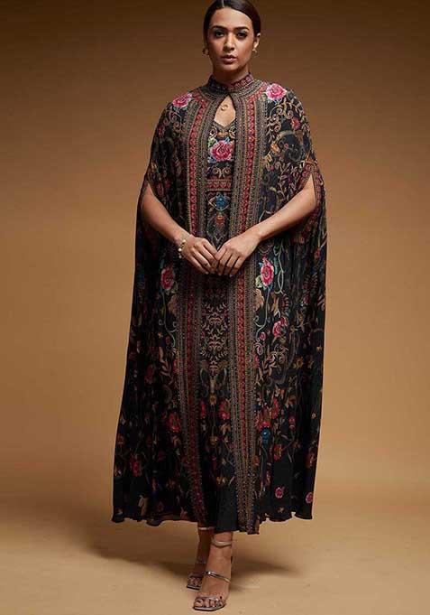 Black Rhinestones Embroidered Bemberg Crepe Cape Set