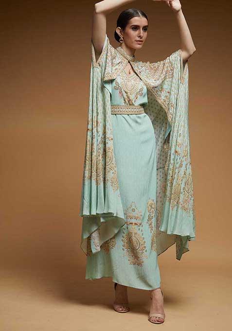 Tiffany Blue Rhinestones Embroidered Bemberg Crepe Cape Set