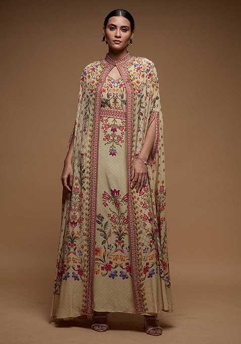 Beige Rhinestones Embroidered Bemberg Crepe Cape Set