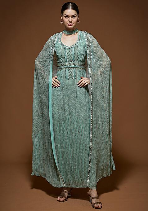 Aqua Rhinestones Embroidered Viscose Georgette Cape Set