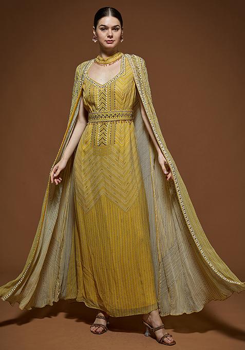 Lime Yellow Rhinestones Embroidered Viscose Georgette Cape Set