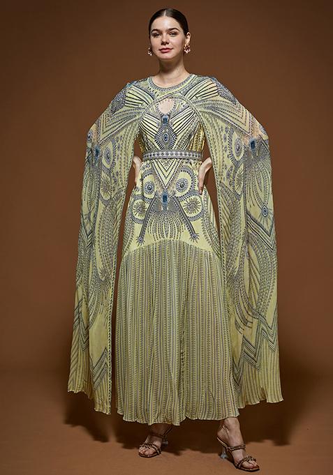 Beige Rhinestones Embroidered Viscose Georgette Cape Set