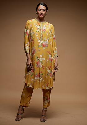 Mustard Yellow Rhinestones Work Bemberg Crepe Co-ord Set