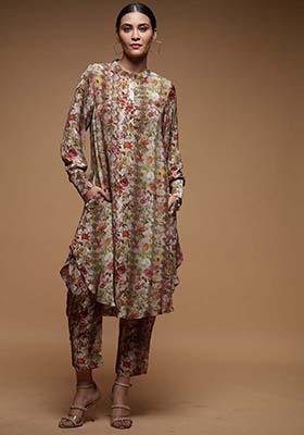 Brown Printed Rhinestones Work Bemberg Crepe Co-ord Set