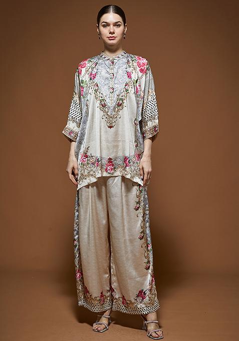 Ivory Printed Rhinestones Work Poly Satin Co-ord Set