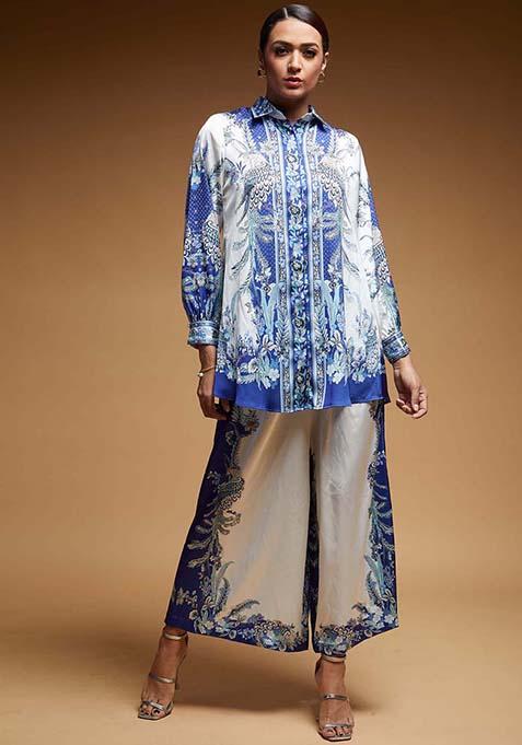 Blue Printed Rhinestones Work Poly Satin Co-ord Set