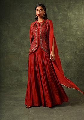 Scarlet Red Cutdana Embroidered Ajrakh Skirt Set