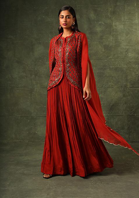 Scarlet Red Cutdana Embroidered Ajrakh Skirt Set