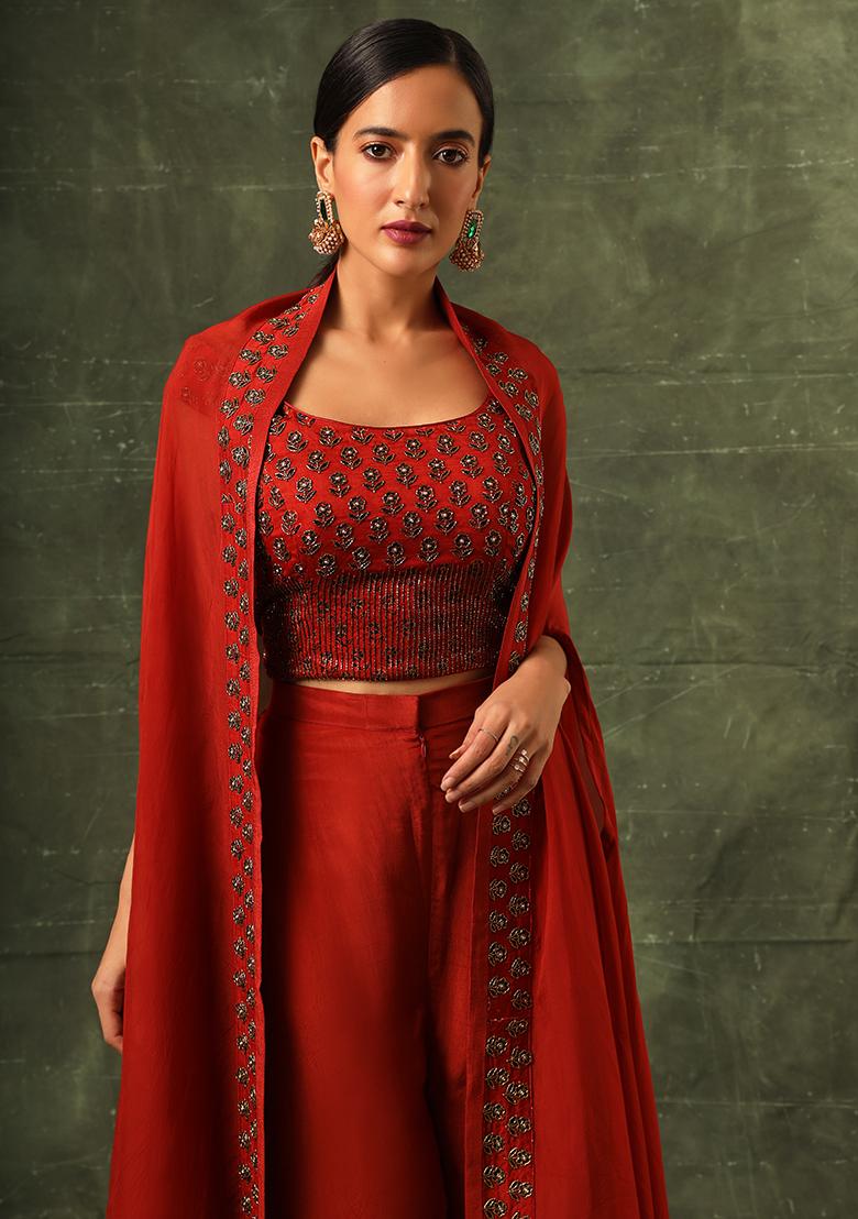 Scarlet Red Cutdana Embroidered Ajrakh Palazzo Set
