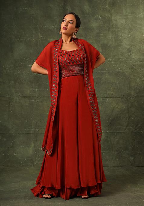 Scarlet Red Cutdana Embroidered Ajrakh Palazzo Set