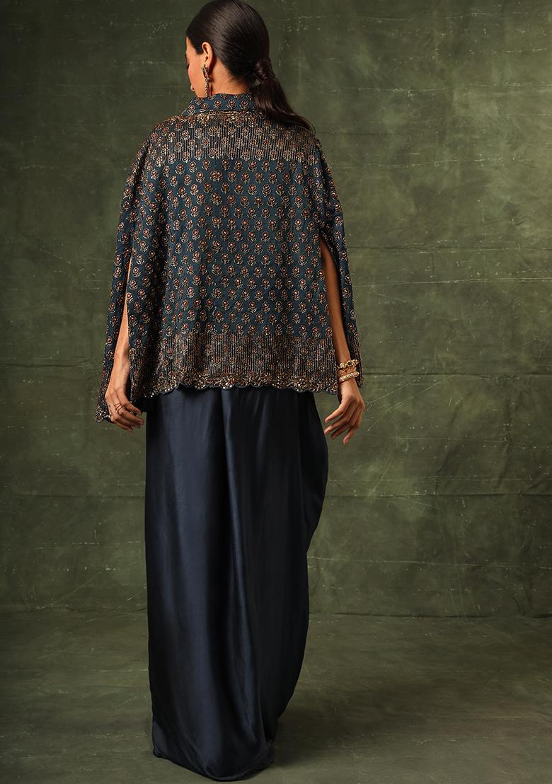 Navy Blue Cutdana Embroidered Ajrakh Palazzo Set