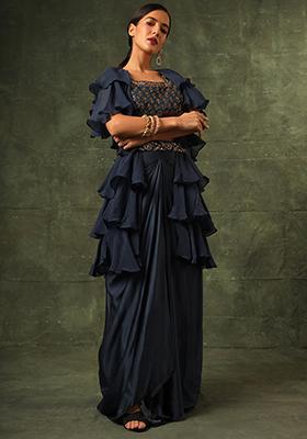 Navy Blue Cutdana Embroidered Ajrakh Skirt Set