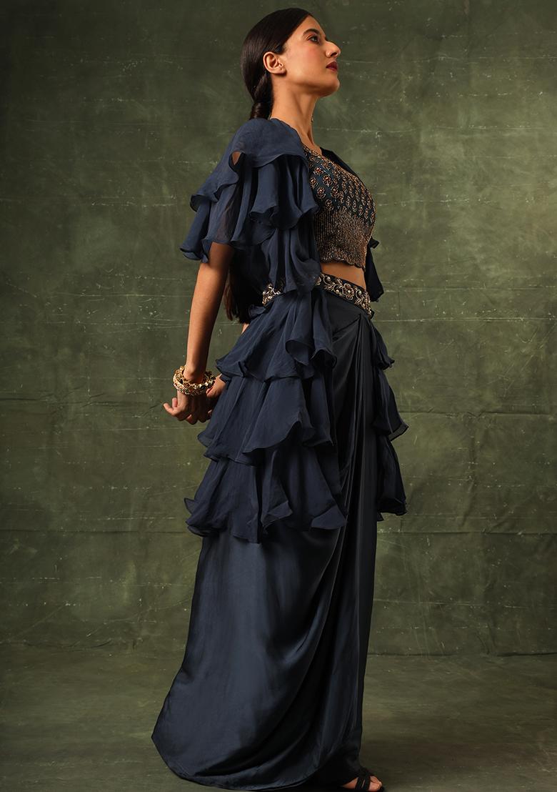 Navy Blue Cutdana Embroidered Ajrakh Skirt Set