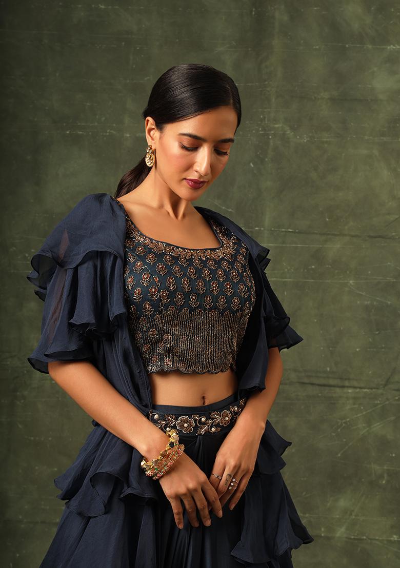 Navy Blue Cutdana Embroidered Ajrakh Skirt Set