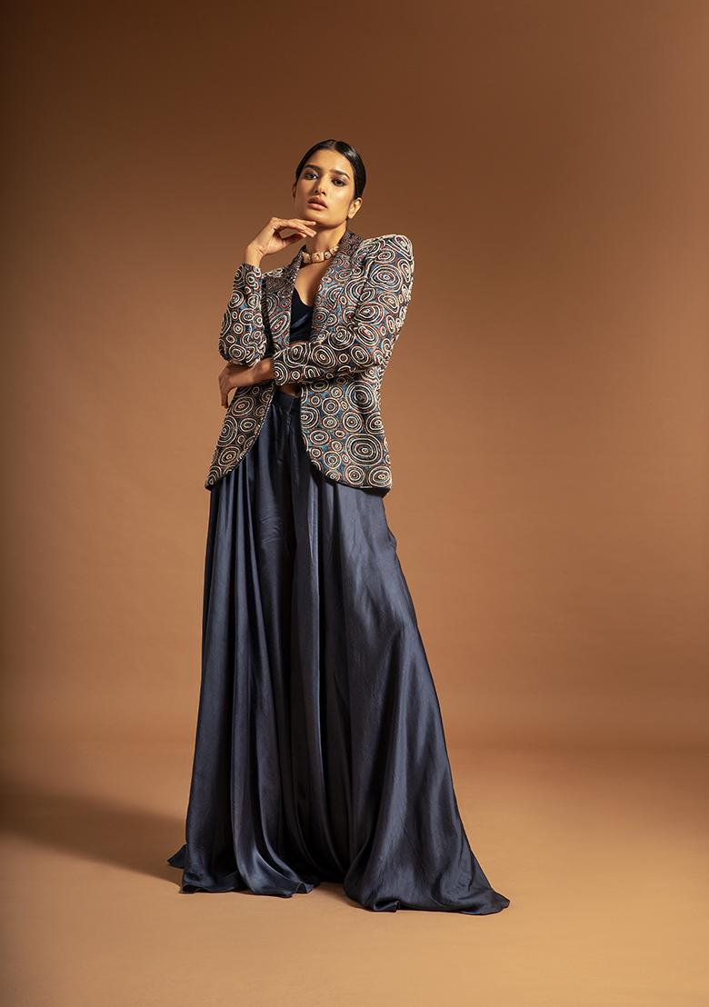 Cobalt Blue Cutdana Bead Embroidered Satin Pants Set