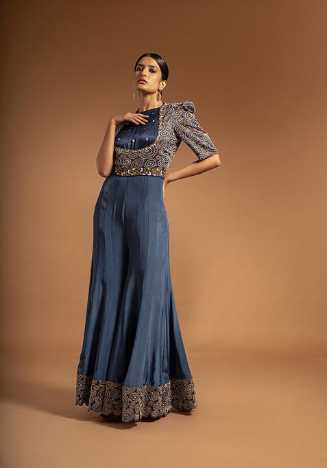 Cobalt Blue Cutdana Bead Embroidered Pure Satin Crepe Jumpsuit