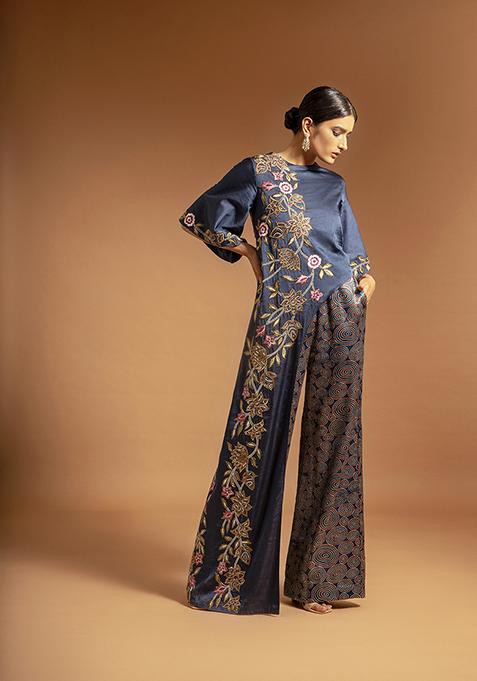 Cobalt Blue Cutdana Bead Embroidered Pure Satin Crepe Jumpsuit