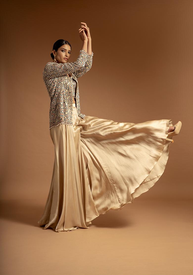Beige Cutdana Bead Embroidered Pure Satin Crepe Pants Set