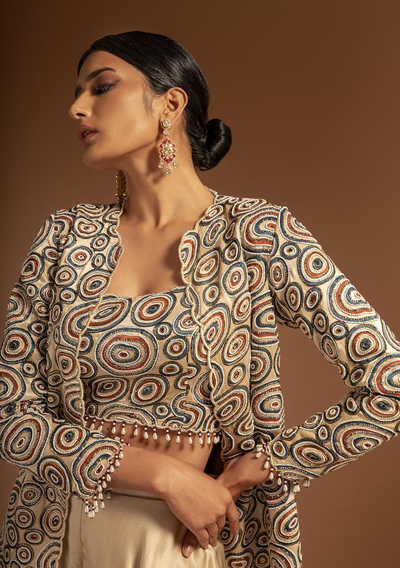 Beige Cutdana Bead Embroidered Pure Satin Crepe Pants Set