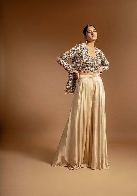 Beige Cutdana Bead Embroidered Pure Satin Crepe Pants Set