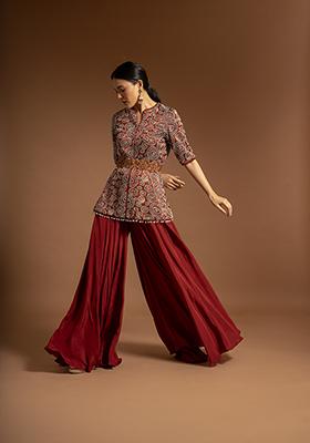 Red Cutdana Bead Embroidered Pure Satin Crepe Pants Set