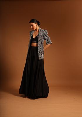 Black Cutdana Bead Embroidered Pure Satin Crepe Pants Set