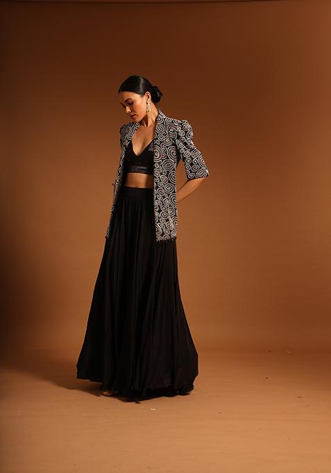 Black Cutdana Bead Embroidered Pure Satin Crepe Pants Set