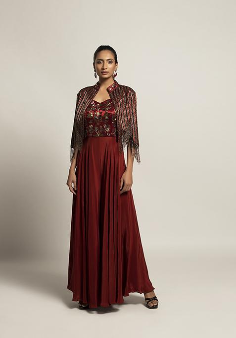 Maroon Cutdana Embroidered Ajrakh Jumpsuit