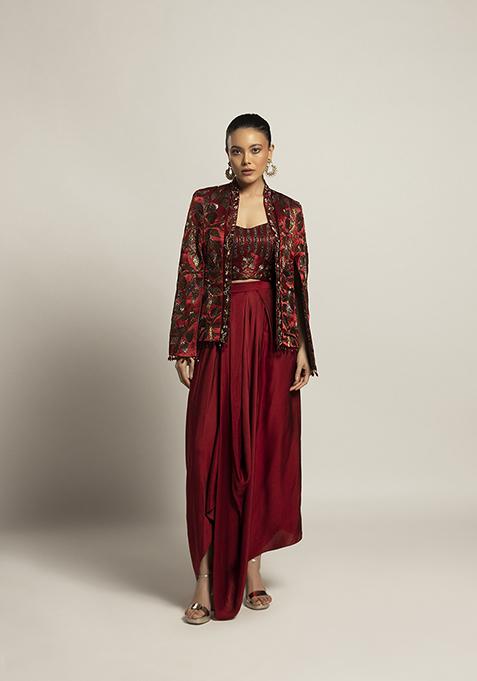 Maroon Cutdana Embroidered Ajrakh Cape Set