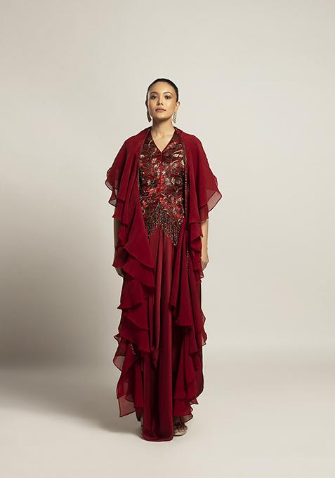 Maroon Cut Pipe Work Ajrakh Skirt Set