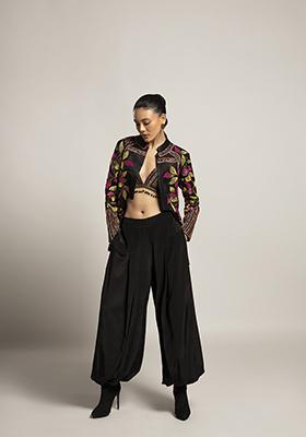 Black Cut Pipe Work Ajrakh Pants Set