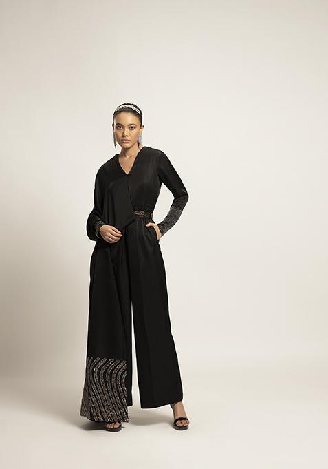 Black Cut Pipe Work Ajrakh Jumpsuit