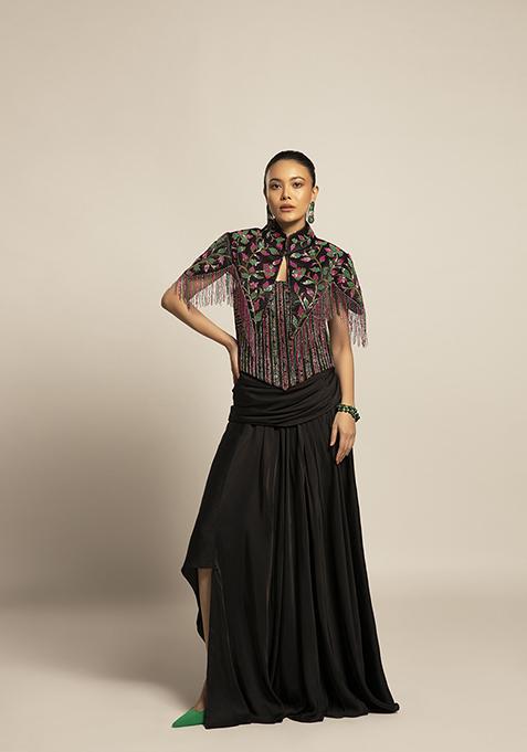 Black Cut Pipe Work Ajrakh Skirt Set