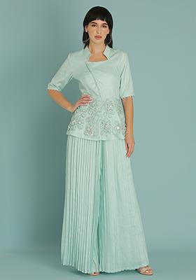 Sky Blue Sequin Embellished Silk Blend Coord Set