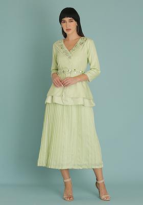 Light Green Sequin Embellished Silk Blend Skirt Set