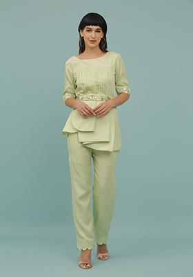 Light Green Sequin Embellished Silk Blend Coord Set