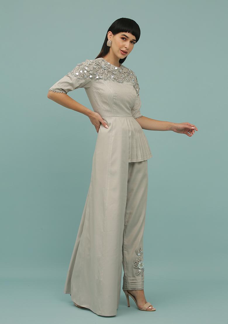 Grey Sequin Embellished Silk Blend Coord Set