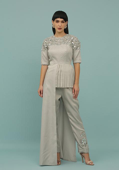 Grey Sequin Embellished Silk Blend Coord Set