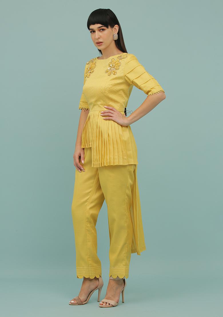Yellow Sequin Embellished Silk Blend Coord Set