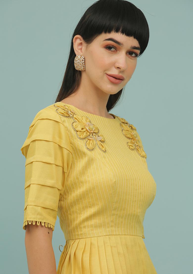 Yellow Sequin Embellished Silk Blend Coord Set