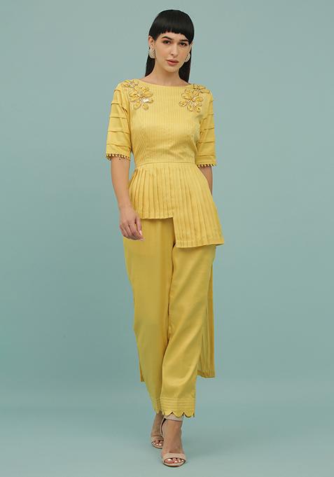 Yellow Sequin Embellished Silk Blend Coord Set