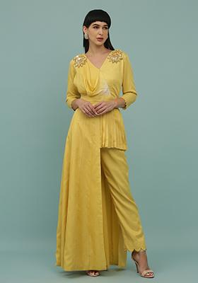 Yellow Sequin Embellished Silk Blend Coord Set