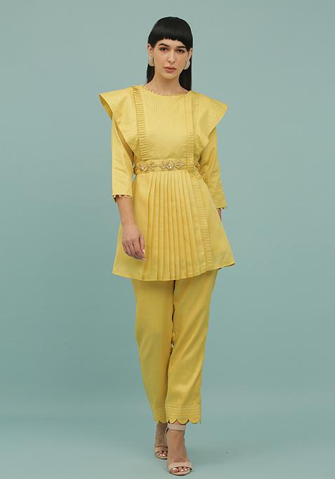 Yellow Sequin Embellished Silk Blend Coord Set