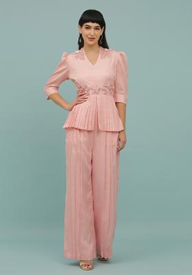 Baby Pink Sequin Embellished Silk Blend Jumpsuit
