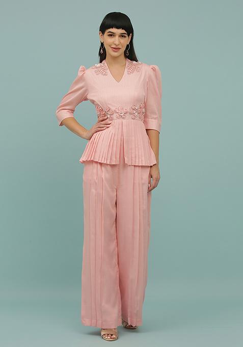 Baby Pink Sequin Embellished Silk Blend Jumpsuit