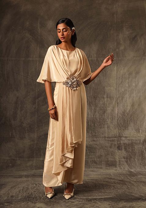 Beige Cutdana Embroidered Crepe Jumpsuit